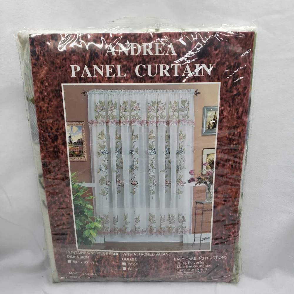 Andrea Sheer Curtain Panel 60 x 90 Pink Butterflies Green Gold Attached Valance